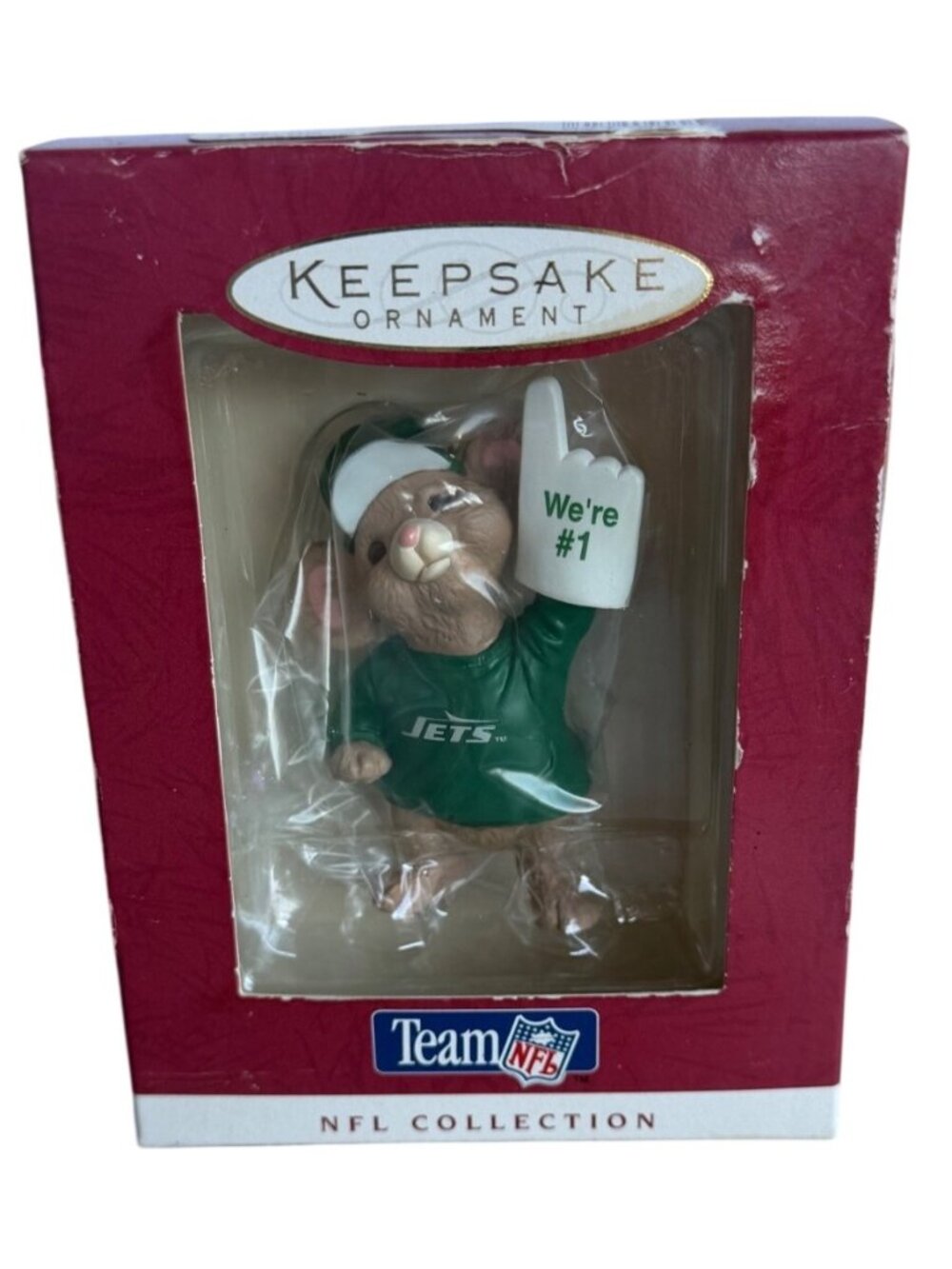 1996 Hallmark Team NFL New York Jets Mouse "We're #1" Fan Christmas Ornament
